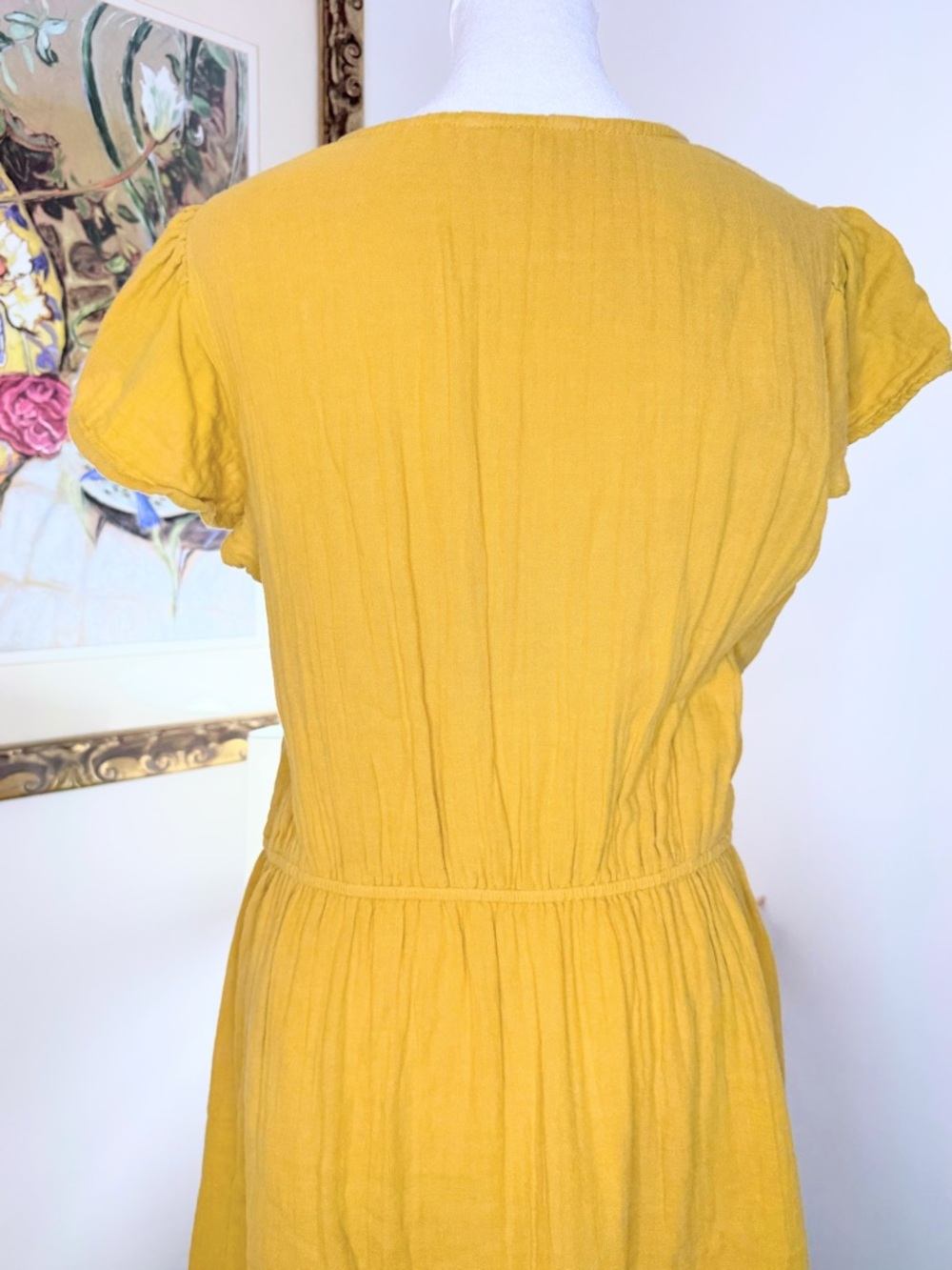 Time Tru Yellow Cotton Gauze Midi Dress L 12 14 Boho Tiered Summer Beach - Picture 6 of 7